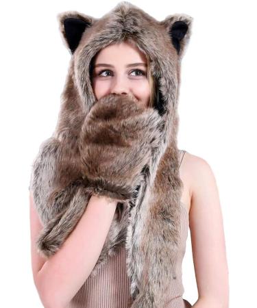 HomDSim Anime Spirit Animal Hood Furry Hoodie with Scarf, Mittens, Ears & Paws - Brown+Red | One Size - Buy Online on GoSupps.com