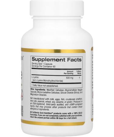 California Gold Nutrition L-Lysine 500 mg - 60 Veggie Capsules | Immune Support & Healthy Skin | Buy Internationally - Buy Online on GoSupps.com