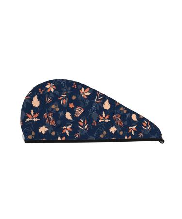 Hair Towel Wrap Hair Drying Towel with Button Towel Turban Head Towel to Dry Hair Quickly (Autumn Leaves with Blue)