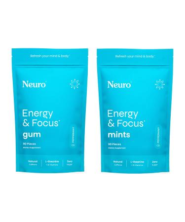 Neuro Energy & Focus Bundle - Peppermint Nootropic Gum (90ct) + Mints (90ct) Natural Caffeine L-Theanine B12 + B6 Sugar-Free Brain Support for Clarity & Energy