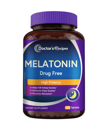 Doctor's Recipes Melatonin 10 mg High Potency Non-Habit Forming Vegan Sleep Support Supplements for Men and Women Non-GMO No Gluten 120 Tablets 120 Count (Pack of 1)