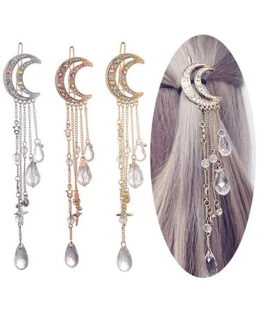 JONKY 3PCS Crescent Hairpin Star Hair Pieces Crystal Hair Clips Tassel Hair Barrettes Rhiestone Hair Clip Bridal Hair Pins Hair Accessories for Women and Girls(Pack of 3)