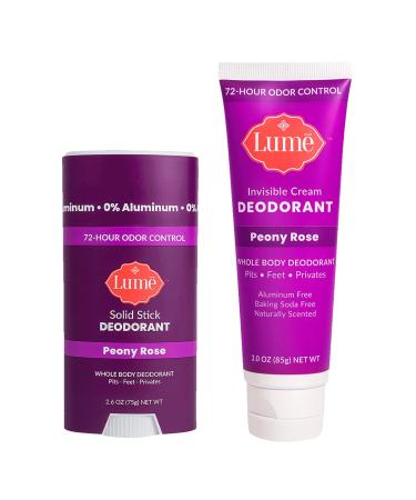 Lume Deodorant Cream Tube and Solid Stick - Underarms and Private Parts - Aluminum Free, Baking Soda Free, Hypoallergenic, and Safe For Sensitive Skin - Travel Tube + Solid Stick Bundle (Peony Rose)