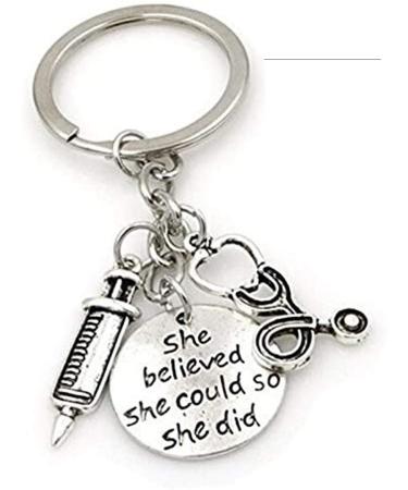 Medinc She believed she could so she did Syringe Stethoscope Keychain Key Chain Keyring Doctor Nurse Physicians Medical Student Graduation Gift Jewelry