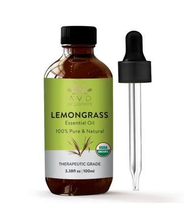 Lemongrass Essential Oil - 100% Pure and Natural USDA Organic Lemon Grass Oil | for Aromatherapy Skin Home Diffusers Carrier Acetite De Limoncill - 3.38 fl. Oz Lemongrass USDA 3.38 Fl Oz (Pack of 1)