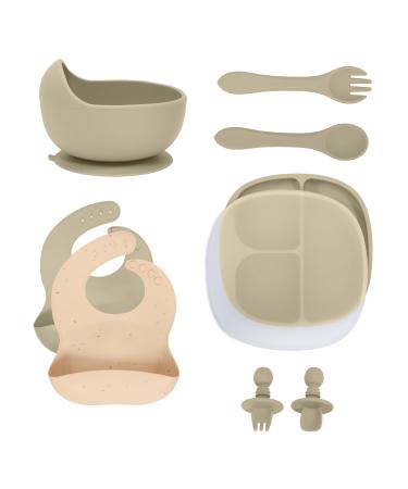 Coco Mango Kids Baby Essentials | Silicone Baby Feeding Set 9Pcs | Baby Plate Suction with Lid | Plates and Bowls Set | 2 Baby Spoons Forks | 2 Silicone Bibs Baby | Baby led weaning (Forest Green)