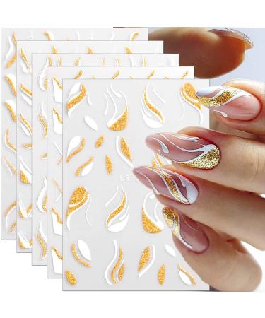 3D Glitter French Lines Nail Stickers for Nail Art Wavy Line Nail Art Stickers Swirl Lines Nail Decals French Nail Sticker White Gold Geometric Strip Curve Nails Stickers Nail Decor Stickers for Nails