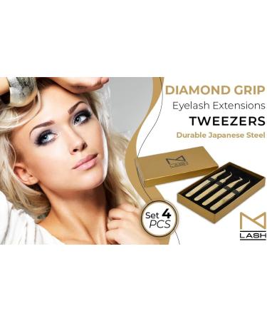 Set of 4 Diamond Grip Nano Fiber Tip Eyelash Extension Tweezers - Japanese Steel Lashes Tool (Black) - Buy Online on GoSupps.com
