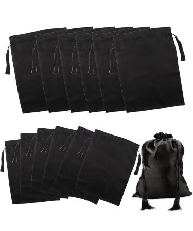Kaiersi 12 Pcs Silk Satin Wig Bags Satin Bag for Packaging Hair Extensions Wigs Soft Silk Pouches with Drawstring Tassel Travel Bags Hair Tools Storage Bags for Home and Salon Use Black