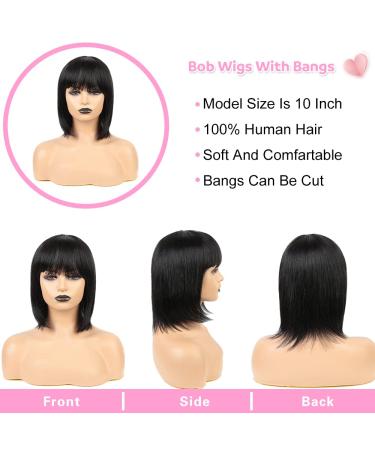 10 Inch Short Bob Human Hair Wig with Bangs - 150% Density Straight Bang Bob for Women (Natural Black) - Buy Online on GoSupps.com