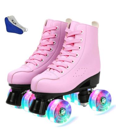 XUDREZ Roller Skates, Double-Row Roller Skates for Unisex, Roller Skates PU Leather High-top Roller Skates Four-Wheel Roller Skates Shiny Roller Skates Pink flash Women's 11 / Men's 9.5