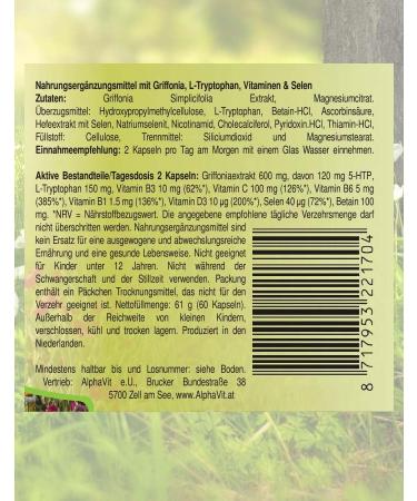 Serotonin Booster - 60 Capsules | Griffonia Extract 60mg 5-HTP L-Tryptophan Magnesium & Vitamins B C & D3 - Caffeine-Free for Mood Support - Buy Online on GoSupps.com