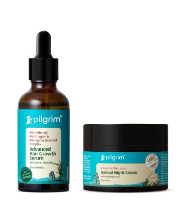 Pilgrim Advanced Hair Growth Serum with 3% Redensyl 4% Anagain & 5% Capilia Stem Cell Complex & Korean White Lotus Retinol Night Cream with Hyaluronic Acid | Hair Growth & Night Repair Combo