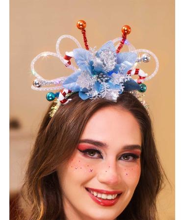 IYOU Light Up Christmas Headband Led Blue Flower Xmas Hair Hoop Candy Cane Festival Costume Hair Accessories for Women and Girls