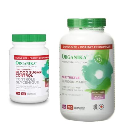 Organika Blood Sugar Control Bonus Size- Chromium and Bitter Melon 150 vcaps & Milk Thistle 250 Mg Bonus Size 220 count- Liver Protectant From Silymarin Seed- 220vcaps Blood Sugar Control + Milk Thistle
