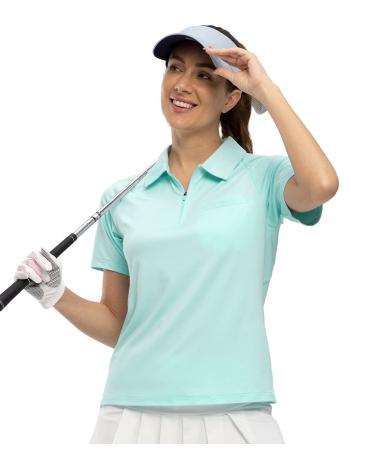 YSENTO Women's Polo Golf Shirts Short Sleeve Collared Zip Up Quick Dry T Shirts with Pockets Sky Blue X-Large