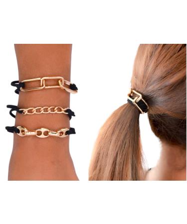 3 PCS Bracelet Hair Ties: 2 in 1 for women and girls - No Crease Elegant Black Elastic bands with Gold Metal accents - Use on wrist and hair (Black Gold)