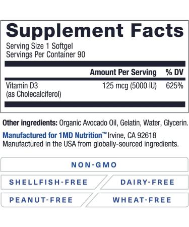 1MD Nutrition Vitamin D3 5000 IU Softgels | Bone Health, Muscle Function & Immune Support | Gluten Free & Non-GMO | 3-Month Supply - Buy Online on GoSupps.com