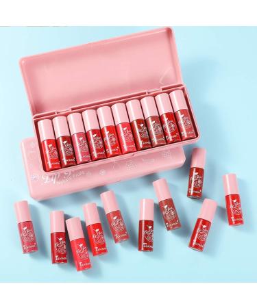 10 pieces/Set Classic Red Lip Stain - Vibrant Lipstick Silky Bright Red Lip Stain Moisturizing Liquid Lip Gloss Shiny Lip Glaze Gift for Besties With Rosa Plastic Box Mother's Day