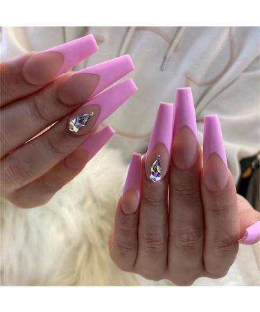 False Nails Long Ballet Full Cover Glue Included Press on Nails 24 Pieces French Flower Diamond Nail Art Tip with Box for Nail Salons and Women DIY Nail Art