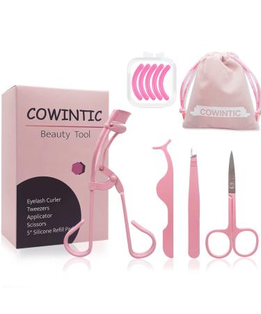 Eyelash Curler Tweezers Applicator Scissors Kit - 4 in 1 Eyelash Extension Tools with 5 Silicone Refill Pads for Lashes Curling Natural(Pink)