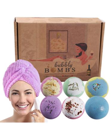 Bath Bombs Gift Set of 6 Bubble Bath | Natural Bath Bombs Spa Stuff with Fizzes  Shea  Coco Butter | Scented Bath Set Organic Bath Bomb | Gift Set for Women | Pink Hair Towel|Mother's Day Gift 6 Bath Balls with Purple He...