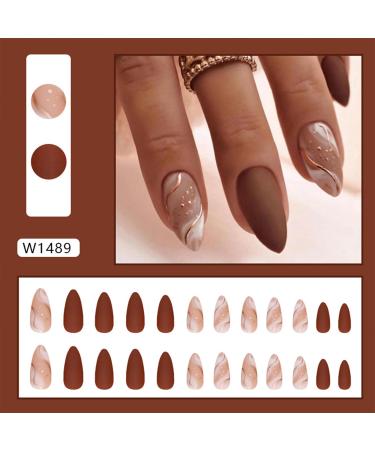 Medium Almond Press on Nails - Brown Matte with Gold Line Designs | 24PCS Full Cover Reusable Fake Nails for Women & Girls - Buy Online on GoSupps.com