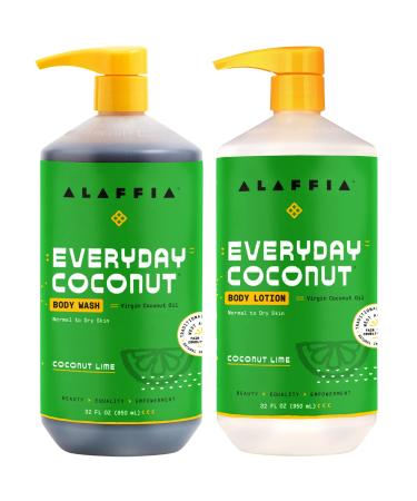 Alaffia EveryDay Coconut Hydrating Body Lotion and Body Wash - Normal to Dry Skin Moisturizing Support for Soft & Supple Skin Moisturizes and Cleanses Toxins and Grime Coconut Lime 32 Fl Oz Each