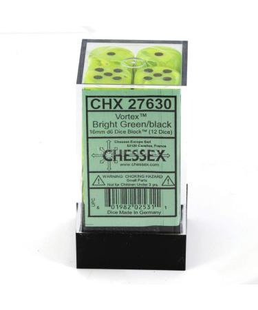 Chessex Vortex Bright Green with Black D6 Dice Set - 16mm (12 Dice) - Ideal for Gaming and RPGs - Buy Online on GoSupps.com