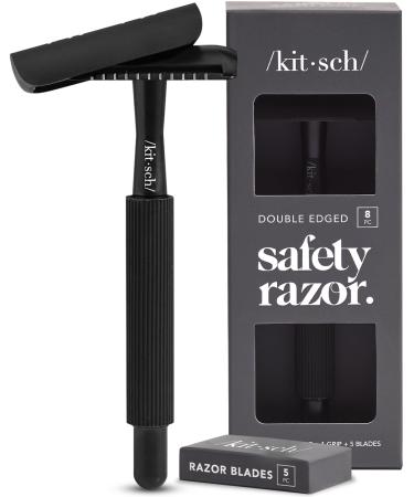 Kitsch Double Edge Safety Razor for Women & Men with 5 Safety Razor Blades Refills Extra-Long Hande & Silicone Cap One Blade Razor for Shaving Reusable Travel Essentials Single Blade Razor Black Black Double Edge Safety Razor
