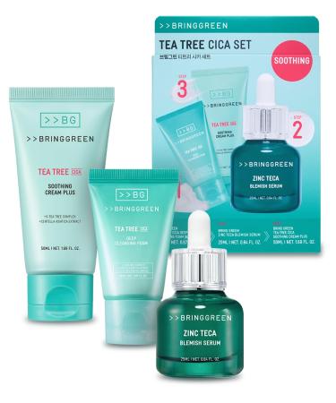 BRING GREEN TEA TREE CICA SET | Korean Skin Care Kit for Acne-Prone, Sensitive Skin | Zinc Teca Serum, Tea Tree Hydrating Moisturizer & Deep Cleansing Foam | Oil Control & Pore Care | K-Beauty Gift SOOTHING TRIO SET
