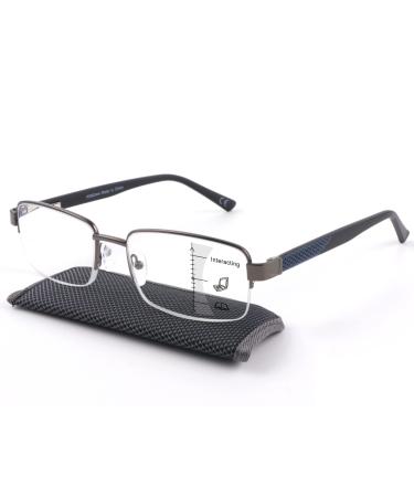 Men Premium Multifocus Reading Glasses Blue Light Blocking, MIssfive Progressive Metal Frame With No Broken Spring Hinge(Workspace For Near Range) Gunmetal-blue 2.5 x