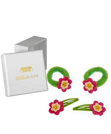Hair -like hair jewelry set (4 pieces | hand -painted flowers | pink green) for girls including box for storage (box color: white)