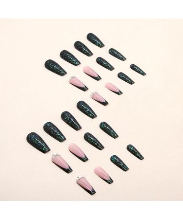 YoYoee Long Coffin Press On French False Nails Galaxy Green Acrylic Full Cover Tips 24PCS - Buy Online on GoSupps.com