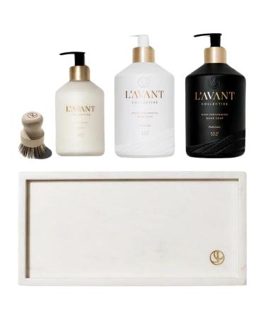 L'AVANT Collective Luxury Sink-Side Starter Bundle Includes Lucite Vanity Tray Hand & Dish Soap Hand Lotion in Reusable Glass Bottles & Bamboo Dish Scrubber Kitchen Hostess Gifts (Fresh Linen)