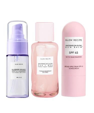 Glow Recipe Blueberry Bounce Gentle Face Cleanser & Makeup Remover with Exfoliating AHA (30 ml) + PHA+BHA Face Toner (40 ml) + SPF Dew Balm Sunscreen Stick (0.58 oz) - Vegan Skincare for Glowing Skin