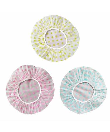 Shower Caps, Waterproof EVA Plastic Shower Cap,Waterproof Bath Caps,Elastic Reusable Bathing Hair Cap,Elastic Band Bath Hair Hat for Women Ladies Spa Salon (3 pcs polka dot pattern)