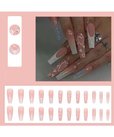 Buy Hkanlre French Pink Press on Nails | Coffin Long Heart Fake Nails - 24PCS Full Cover Ballerina Shiny False Nails for Women & Girls - International Shipping Available - Buy Online on GoSupps.com