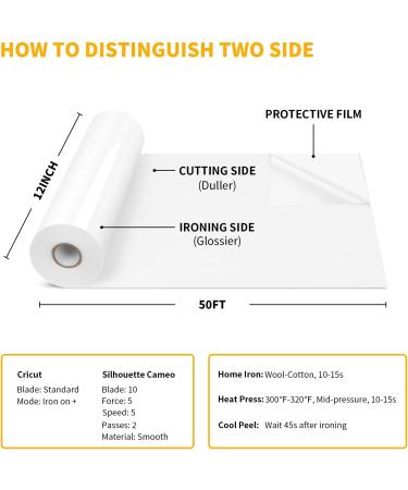 VinylRus 12x50ft White Heat Transfer Vinyl Roll for Shirts - Easy Weed HTV for Silhouette Cameo & Cricut - Buy Online on GoSupps.com