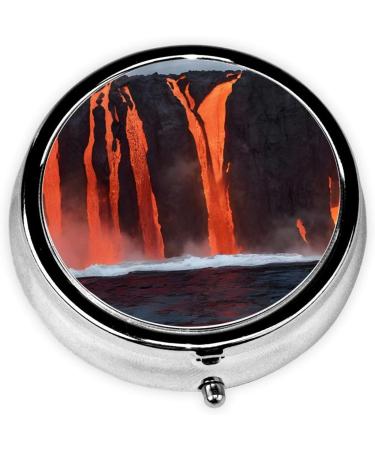 Kilauea Volcano Round Pill Box - 3 Compartment Mini Decorative Travel Organizer for Vitamins & Medicine | Portable Black Pill Case - Buy Online on GoSupps.com