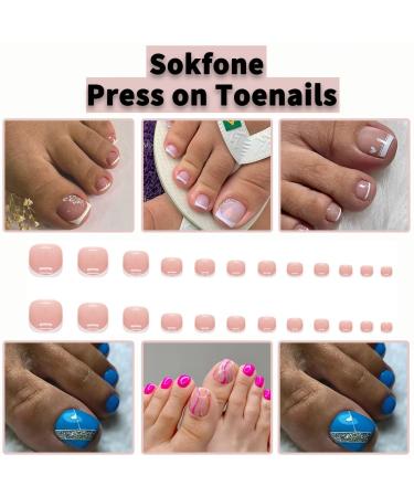 Sokfone Pink Press On Toenails 24 Pcs - Short Square French Tip False Toenails for Women - Glossy Acrylic Full Cover Toe Nails - Summer Ready - Color1 - Buy Online on GoSupps.com