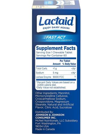Lactaid Fast Act Chewables 60 ct (Pack of 4) | Natural Lactase Enzyme for Lactose Intolerance Relief | Prevent Gas, Bloating & Diarrhea | Vanilla Twist Flavor | On-the-Go - Buy Online on GoSupps.com