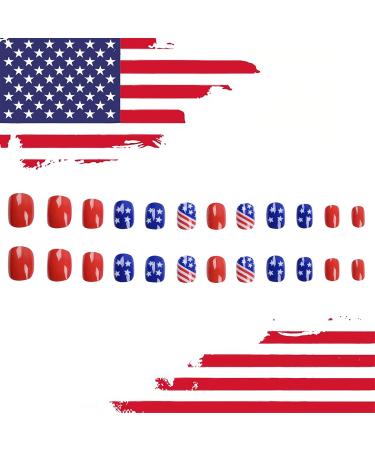4th of July American Flag Press On Nails - Short Square Full Cover Glossy False Nails for Women and Girls - Buy Online on GoSupps.com