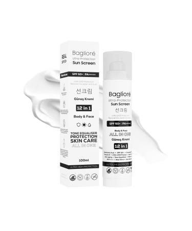 Bagliore Ultra-Protection Sunscreen SPF 50+ Moisturizer with Zinc Oxide & Hyaluronic Acid PA+++++ 12 in 1 Body & Face 3.38 fl oz