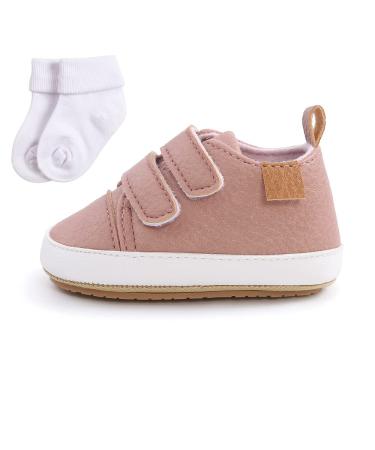 Baby Girls Boys Sneakers Toddler Shoes PU Leather First Walking Shoes Anti-Slip Infant Newborn Prewalker Sneakers for 0-18 Months with Sock 6-12 Months Pink
