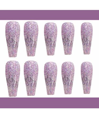 Poliphili 24Pcs Glossy Purple Flame Extra Long Press-On Fake Nails for Women - Removable Wear Ballerina Coffin Acrylic False Nails Tips - Buy Online on GoSupps.com