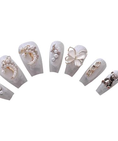 PN-009 Press-On Nails Lacquered 10 Pieces Reusable False Nails Glamour Rhinestones Wedding Pearls Butterfly Moon White - Buy Online on GoSupps.com