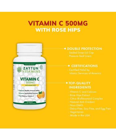 Zaytun Halal Vitamin C 500mg Tablets with Rose Hips | Immune Support & Antioxidant | Vegan & Gluten-Free | 2 Months Supply - Buy Online on GoSupps.com