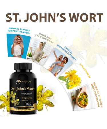 St Johns Wort 900mg Mood Support Supplement - 120 Vegetable Capsules (2 Month Supply) | Vegan Non-GMO, 450mg Hypericum Perforatum with 0.3% Hypericin - Buy Online on GoSupps.com