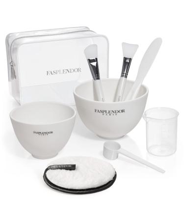 FASPLENDOR Face Mask Mixing Bowl Set with Silicone Facial Bowls, Brushes, Spatula, Measuring Cup + Scoop, Reusable Facial Pad, Stylish Makeup Bag, 9 in 1 Esthetician Tool Kit for Peel off & Clay Mask White